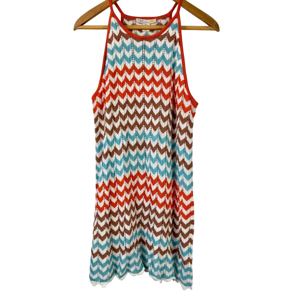 C&C California Knit Halter Tank Sun Dress Open Weave Crochet Size L Resortwear